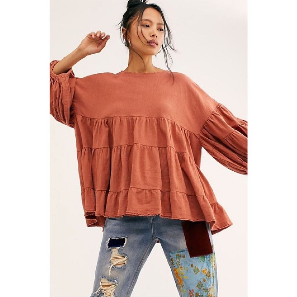 Free People The Briana Tiered Top Rust Size XS Balloon Sleeve Solid Oversized